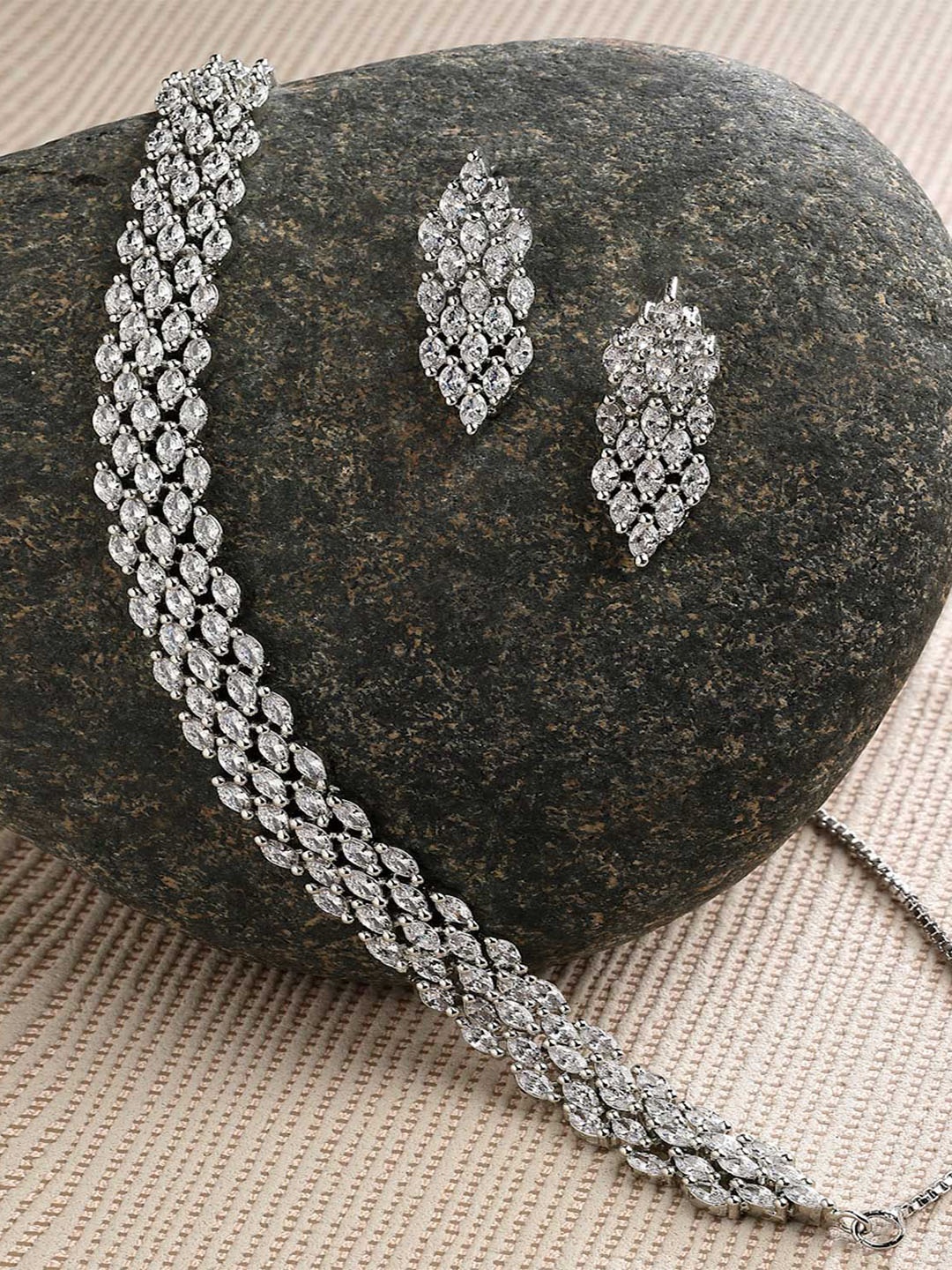 

ZENEME Rhodium-Plated American Diamond Studded Jewellery Set, White