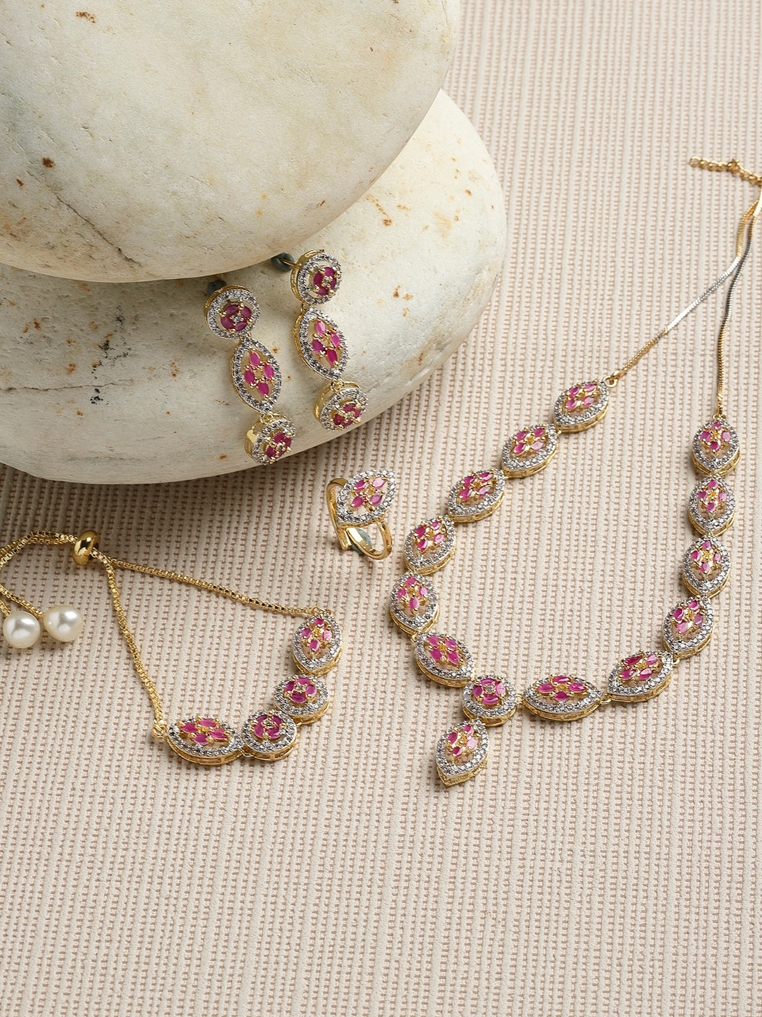 

ZENEME Gold-Plated American Diamond Studded Jewellery Set, Red