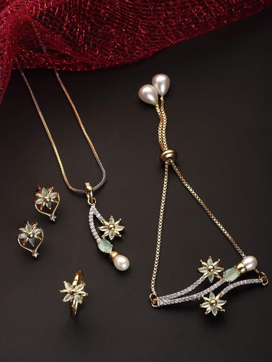 

ZENEME Gold-Plated American Diamond Studded Jewellery Set, Sea green