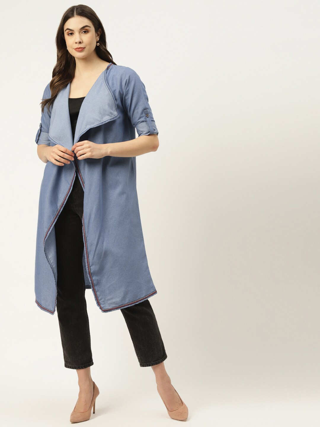 

urSense Embroidered Detail Cotton Longline Open-Front Shrug, Blue