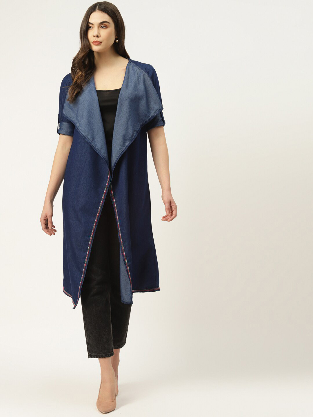 

urSense Embroidered Detail Cotton Longline Open-Front Shrug, Blue