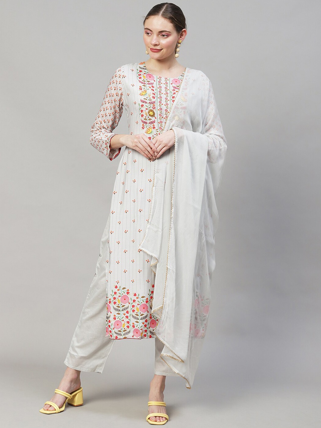 

FASHOR Floral Printed Screen Thread Work Kurta With Trousers & Dupatta, Grey