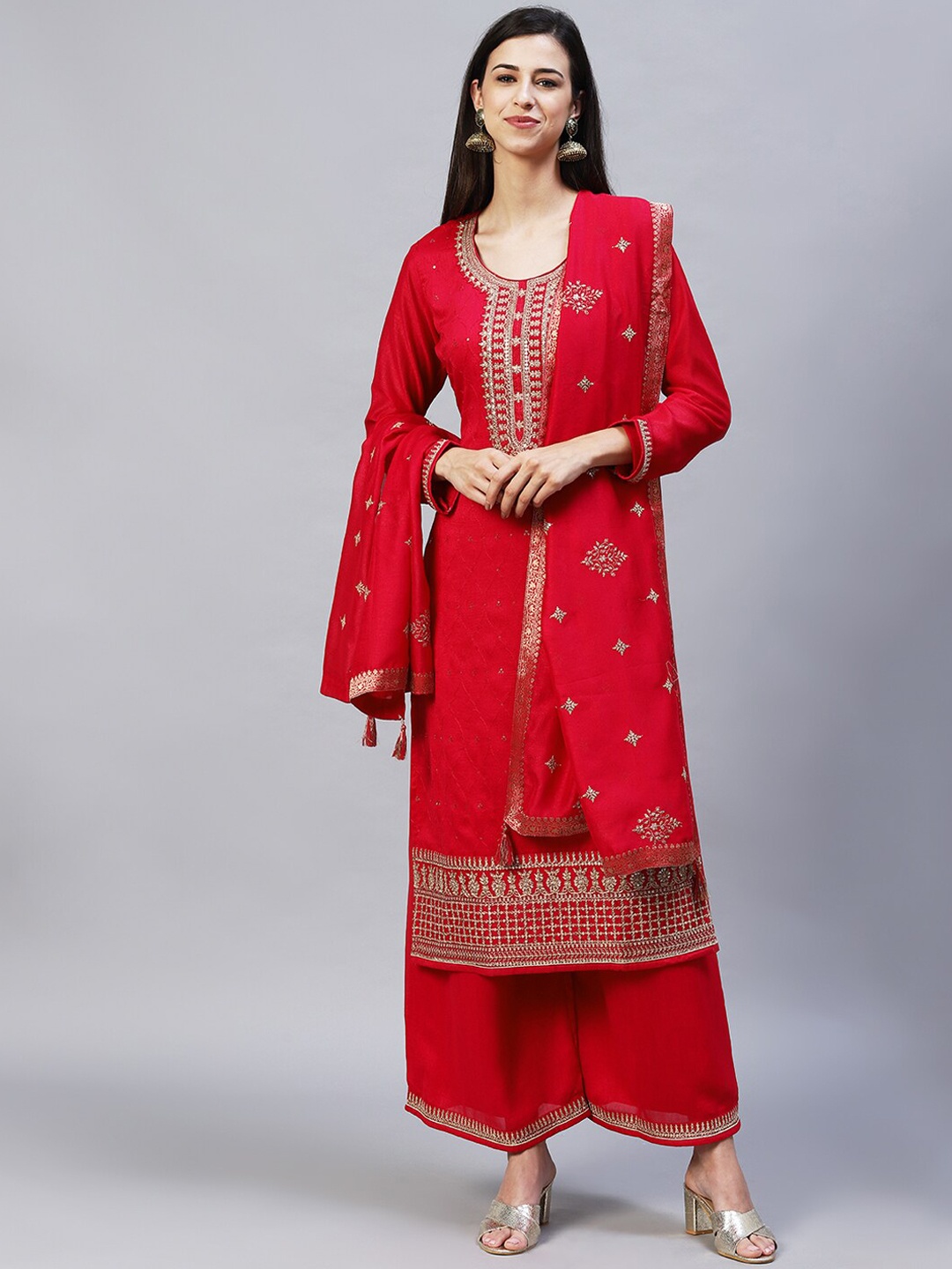 

FASHOR Ethnic Motifs Embroidered Sequinned Silk Crepe Kurta with Palazzos & With Dupatta, Red