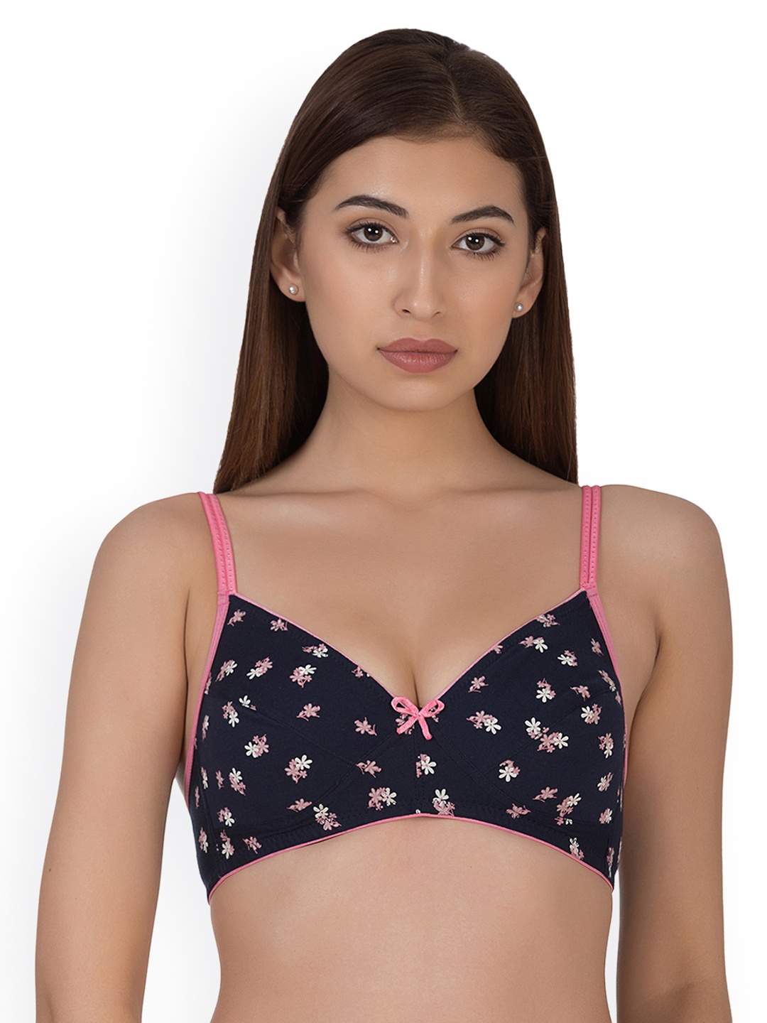 

Clovia Cotton Rich Non-Padded Non-Wired Floral Print Bra, Navy blue