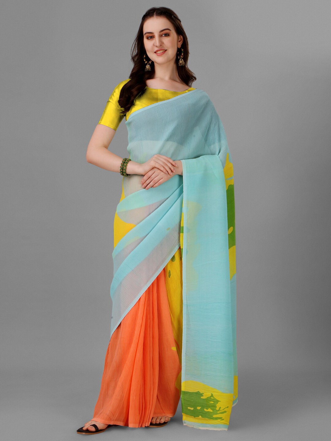 

Shiv Textiles Abstract Printed Pure Georgette Saree, Yellow