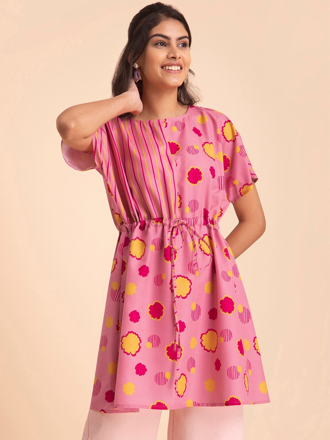 

Pink Fort Conversational Printed Tie-Up Kaftan Tunic