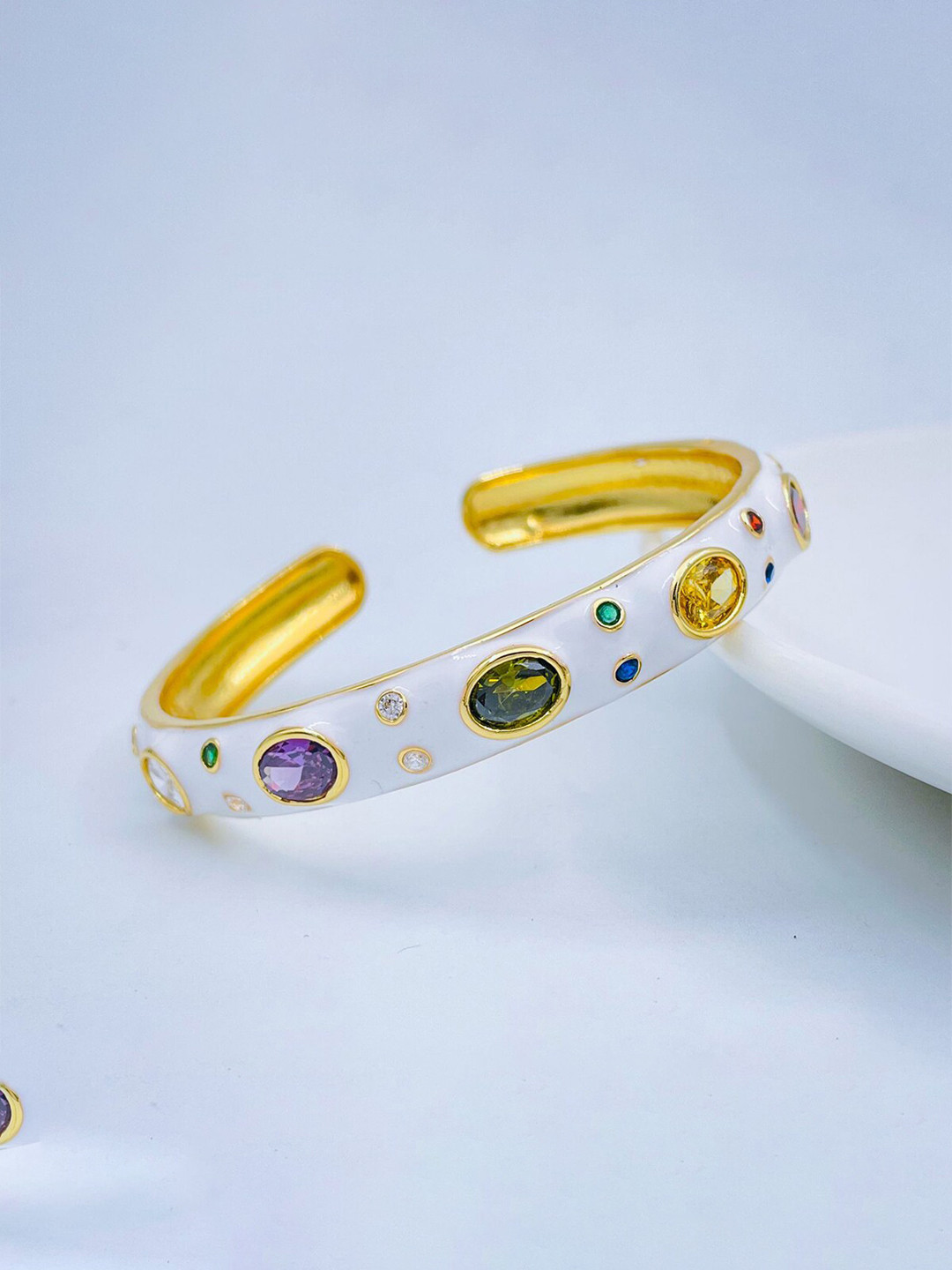 

ZIVOM Women Brass Crystals Enamelled Gold-Plated Cuff Bracelet