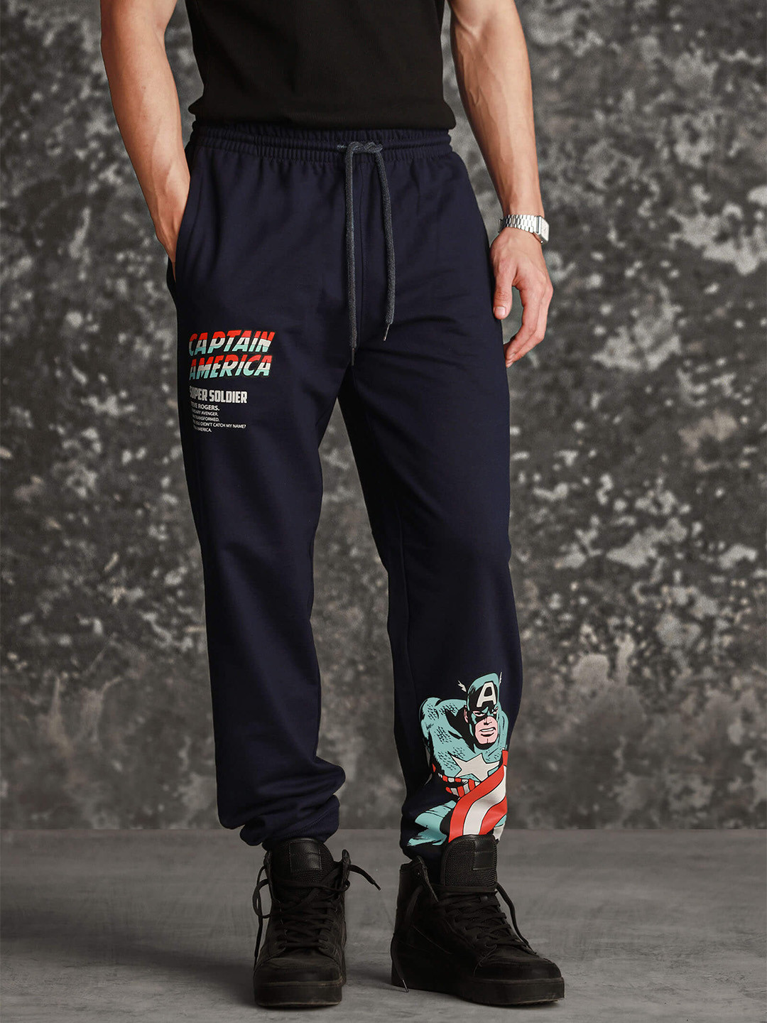 

Bonkers Corner Men Captain America Mid-Rise Printed Joggers, Navy blue