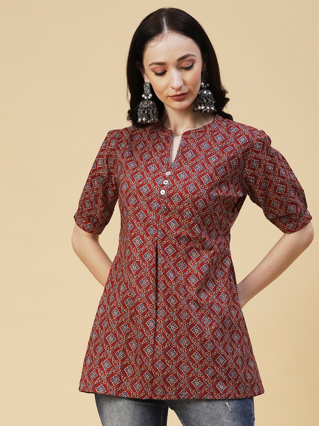 

FASHOR Mandarin Collar Ethnic Motifs Printed Pure Cotton Straight Kurti, Rust