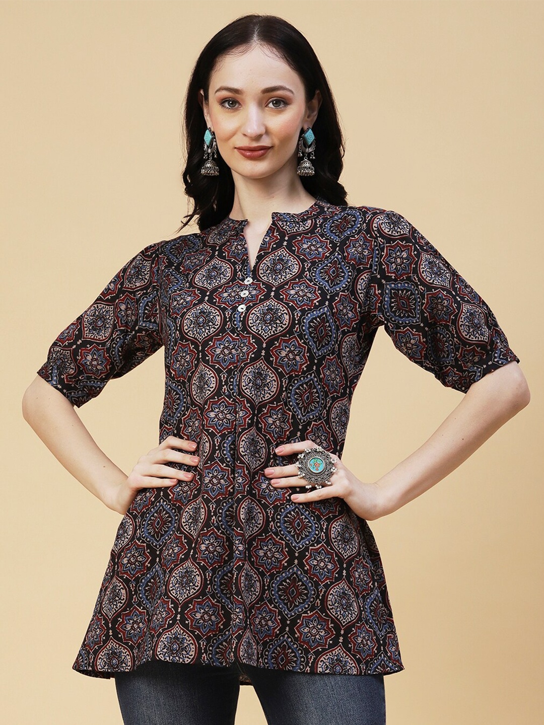 

FASHOR Mandarin Collar Ethnic Motifs Printed Pure Cotton Straight Kurti, Black