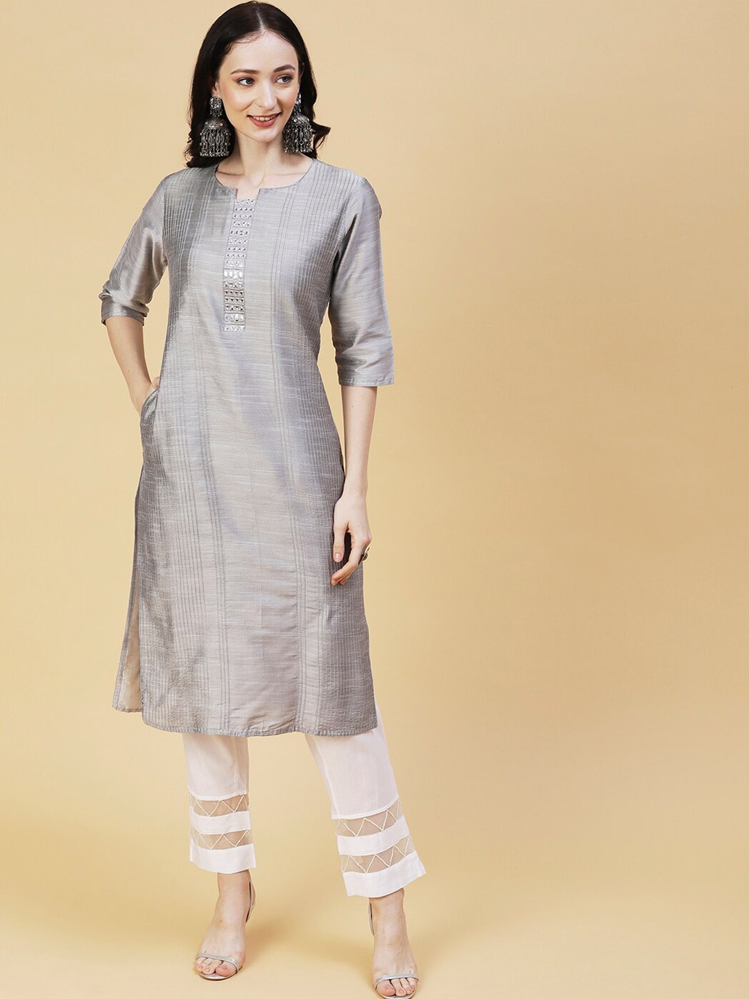 

FASHOR Striped Mirror Work Dupion Silk Kurta, Grey