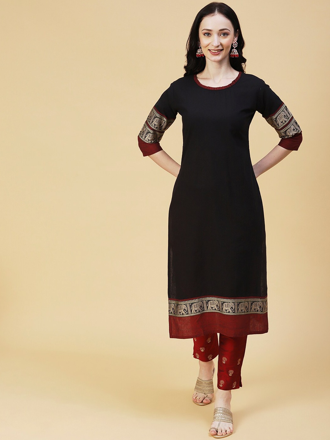 

FASHOR Woven Design Zari Pure Cotton Kurta, Black