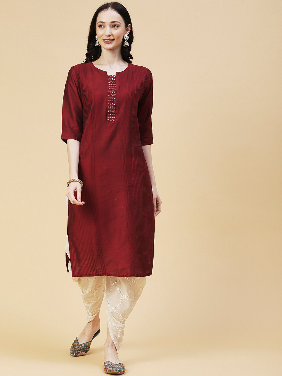 

FASHOR Mirror Work Pin-tucks Kurta, Maroon
