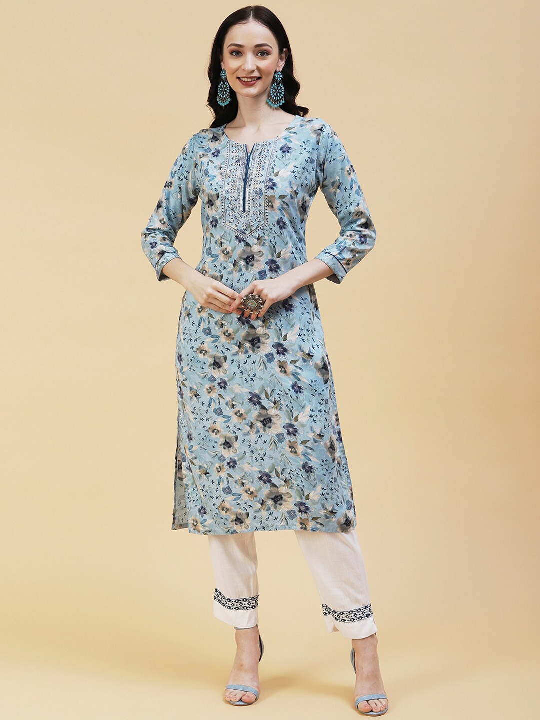 

FASHOR Floral Printed Thread Work Pure Cotton Kurta, Blue
