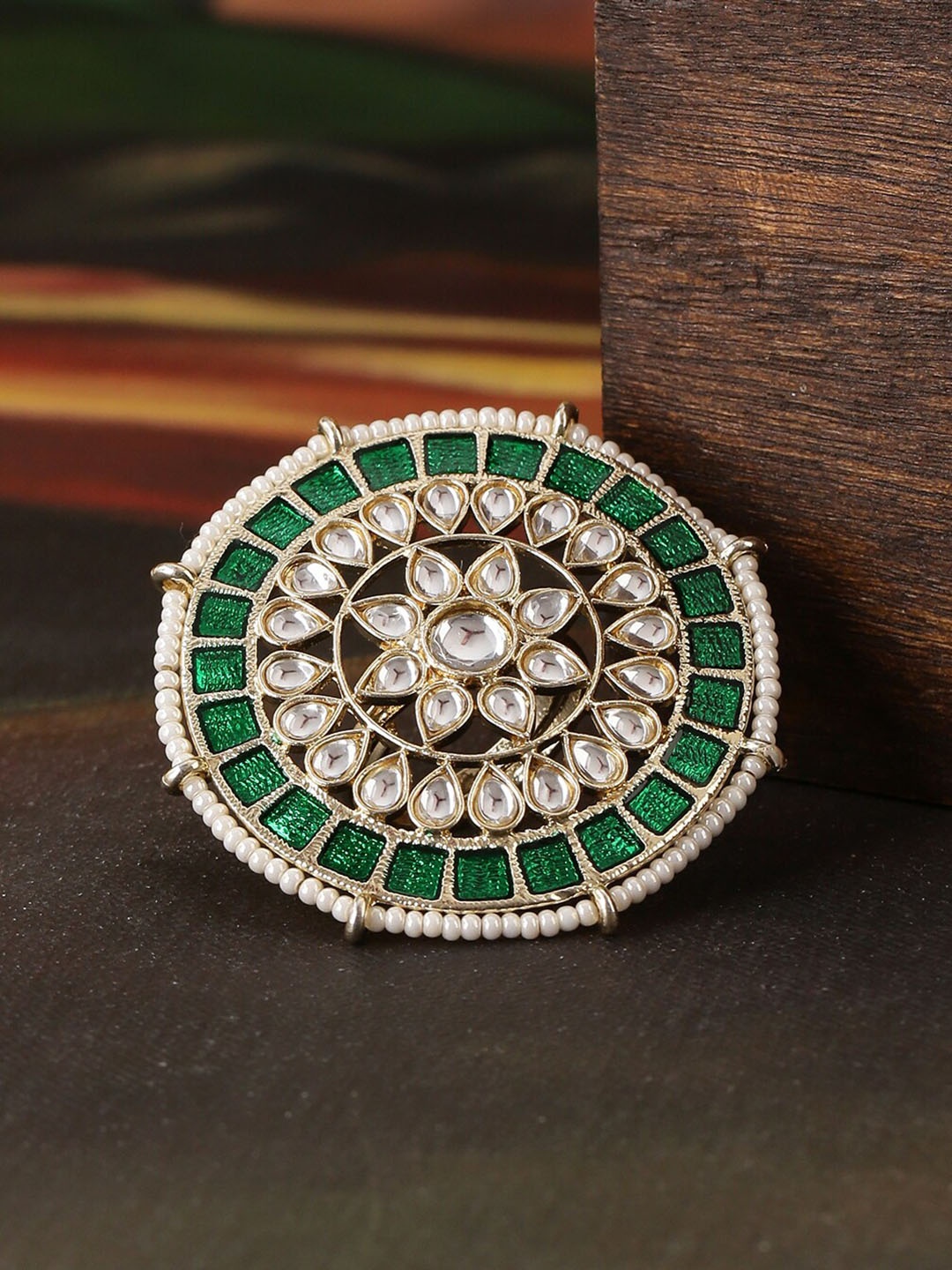 

Shoshaa Gold-Plated Kundan-Studded Beaded Adjustable Finger Ring, Green
