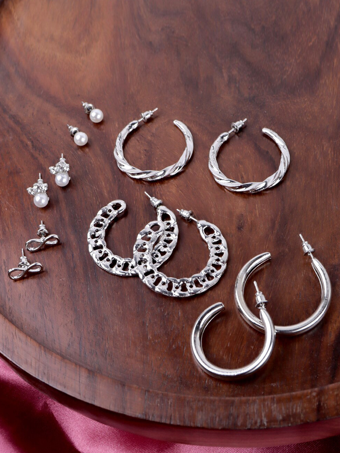 

VAGHBHATT Set of 6 Silver-Plated Geometric Studs & Hoop Earrings
