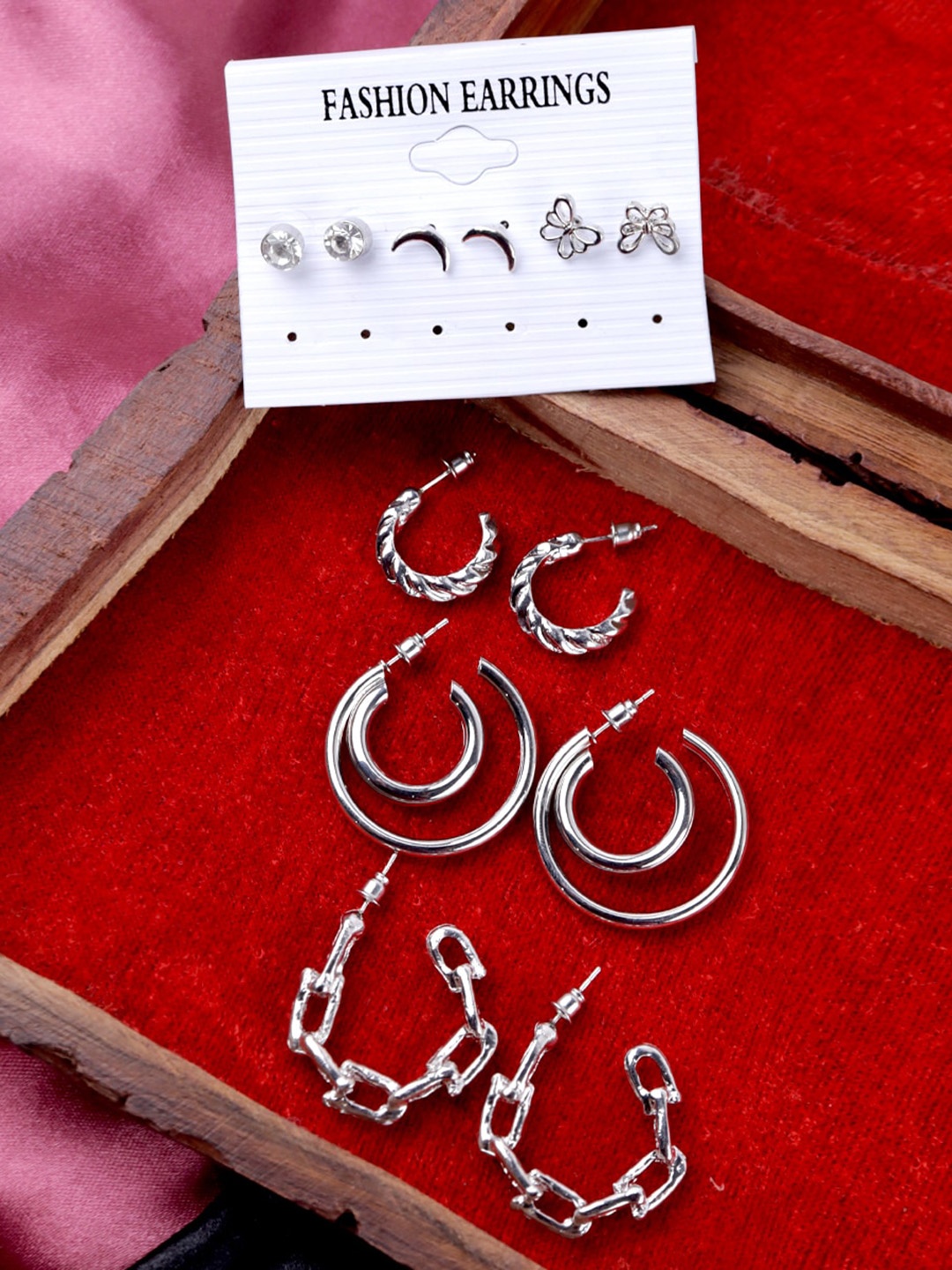 

VAGHBHATT Set of 6 Silver-Plated Geometric Studs & Hoop Earrings