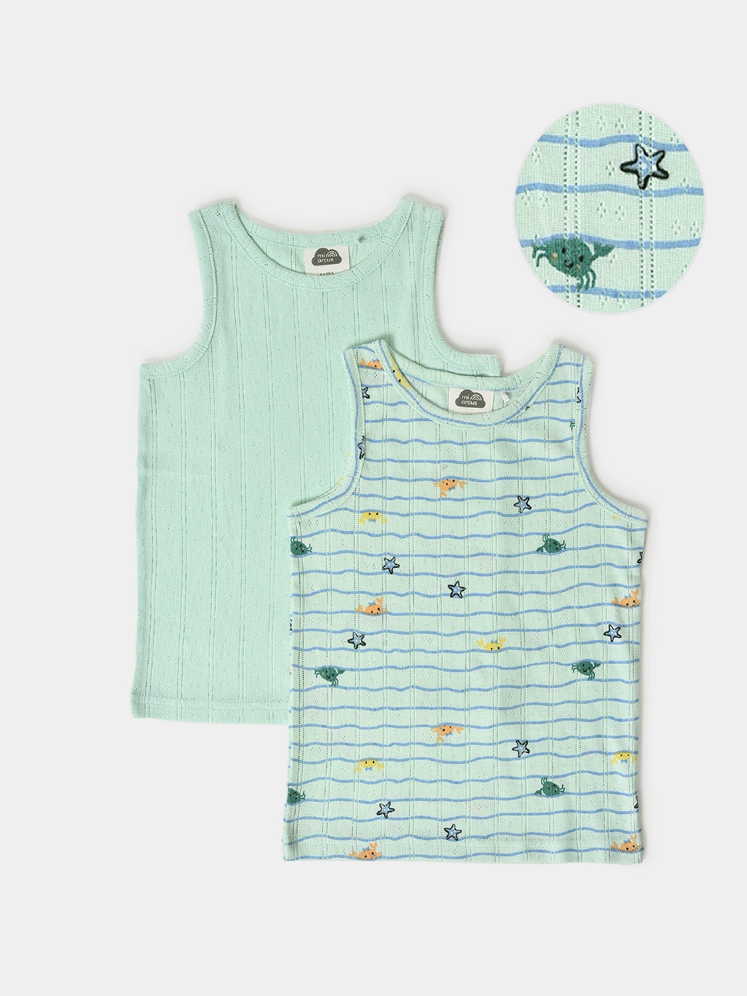 

MiArcus Infant Pack Of 2 Sea World Printed Cotton Innerwear Vests, Green