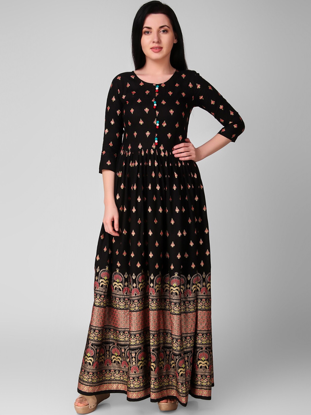 

DAEVISH Ethnic Motifs Printed Gathered or Pleated Ethnic Dress, Black