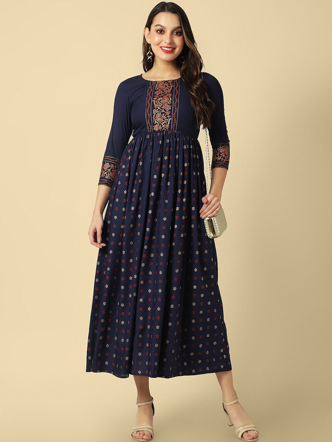 

DAEVISH Floral Printed Gathered or Pleated Ethnic Dress, Navy blue