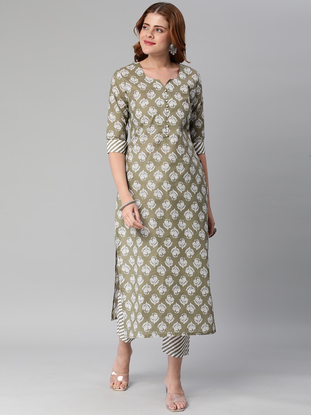 

KALINI Ethnic Motif Printed Notched Neck Straight Kurta With Trousers, Olive