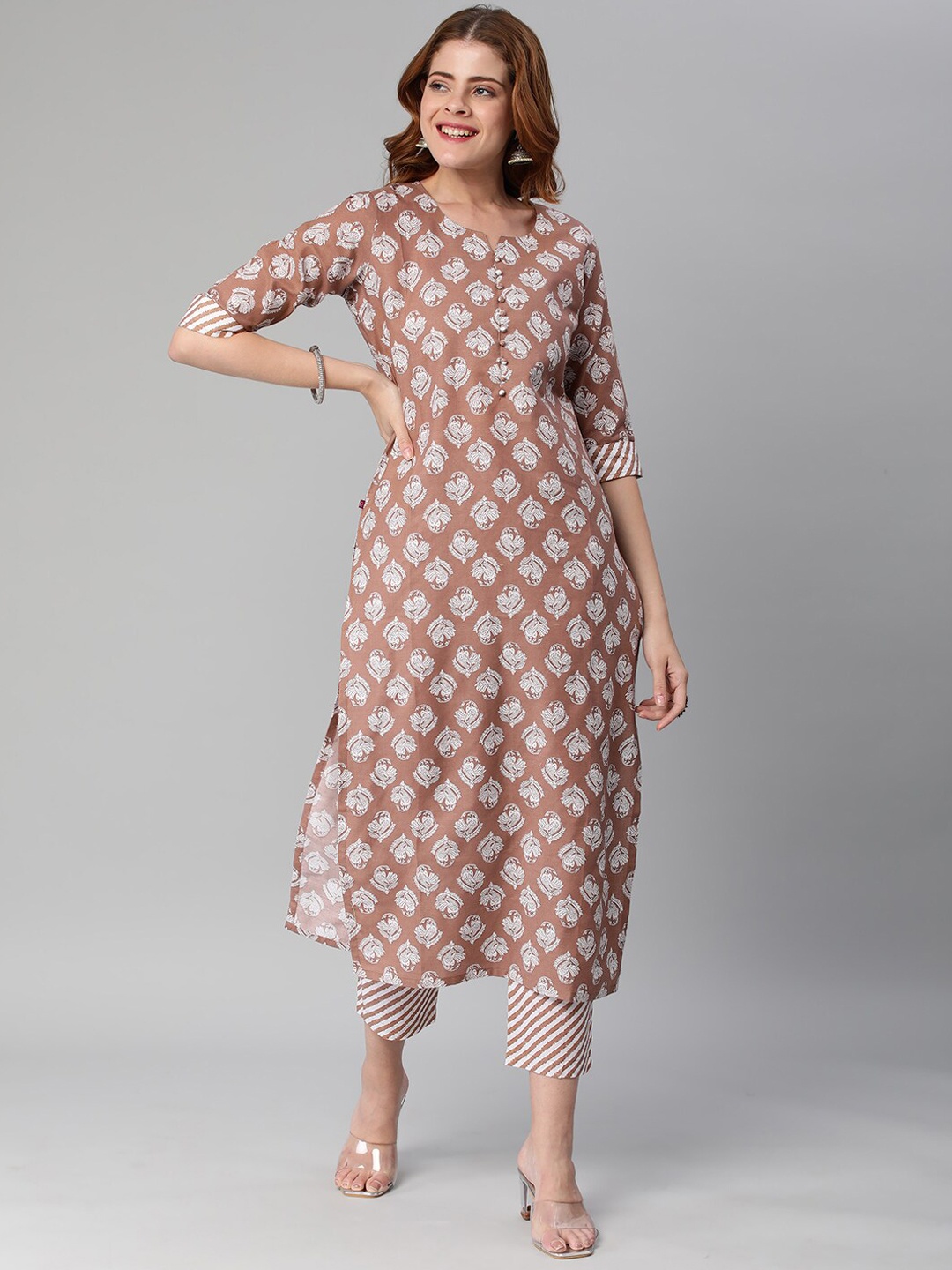 

KALINI Floral Printed Kurta With Trousers, Brown