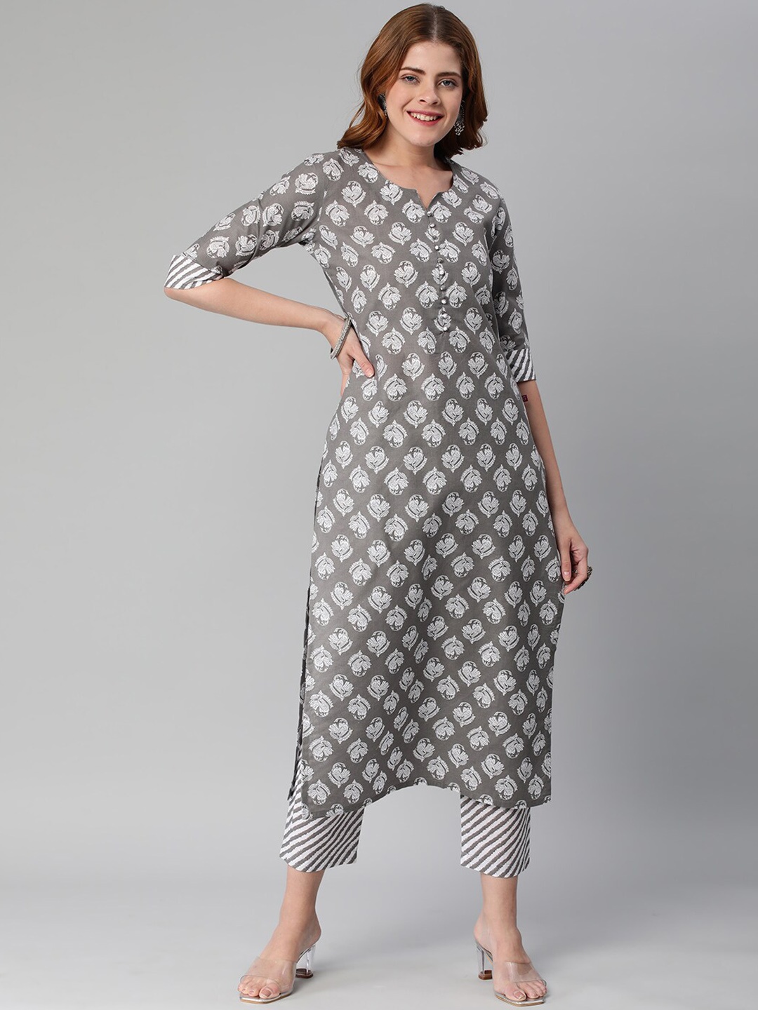 

KALINI Notched Neck Ethnic Motifs Printed Straight Kurta with Trousers, Grey