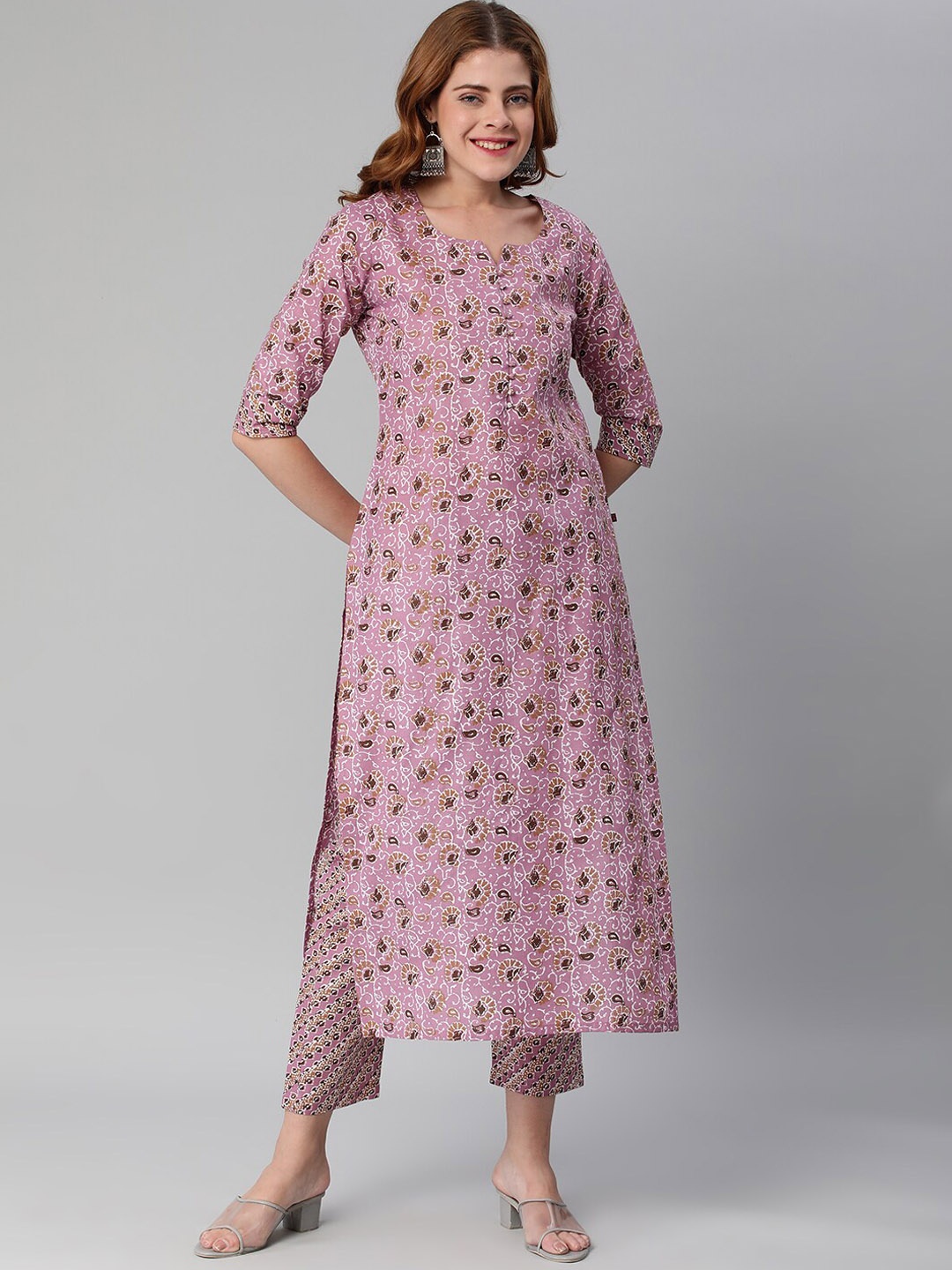 

KALINI Notched Neck Floral Printed Kurta with Trousers, Pink