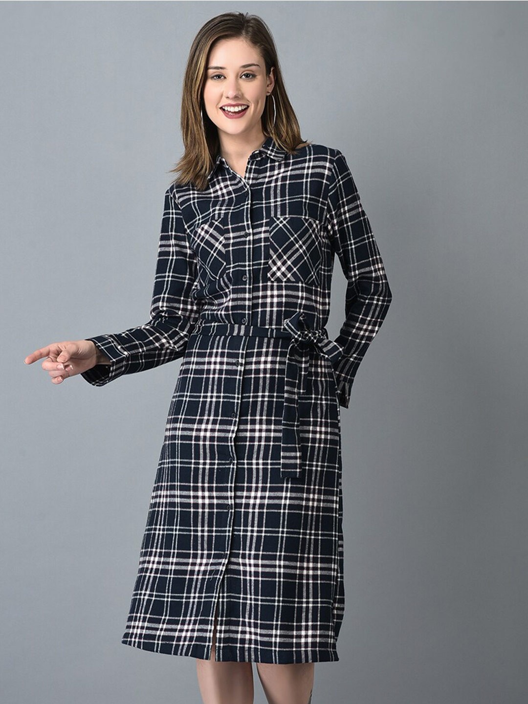 

CANOE Checked Pure Cotton Shirt Midi Dress, Navy blue