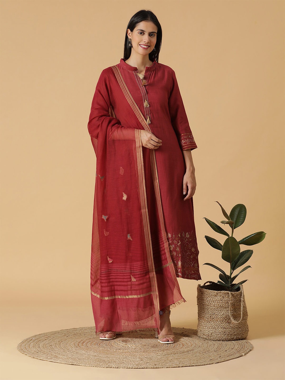 

SHINGORA Woven Design Border & Sleeves Jacquard Unstitched Dress Material, Maroon