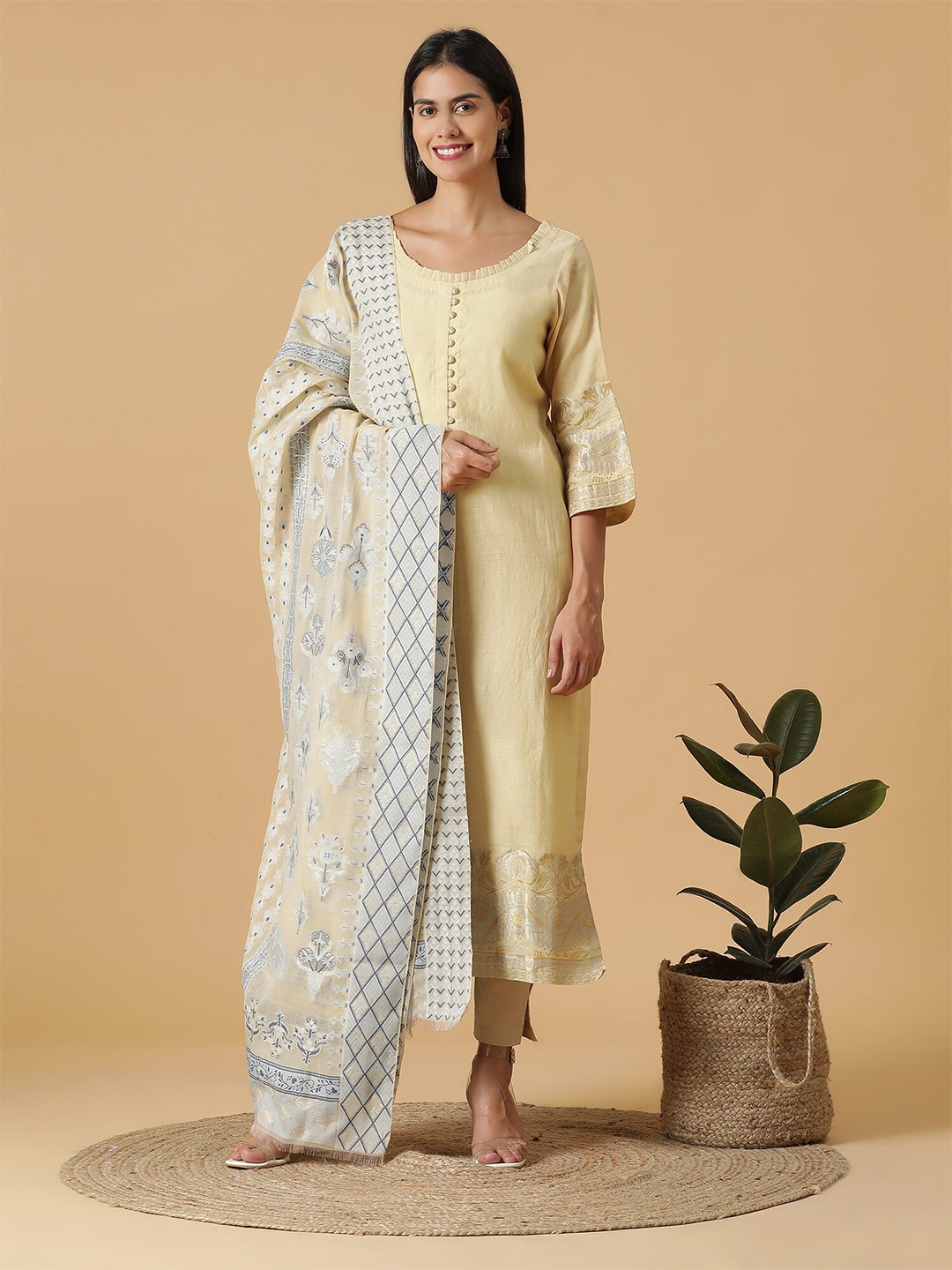 

SHINGORA Floral Woven Design Border & Sleeves Jacquard Unstitched Dress Material, Beige