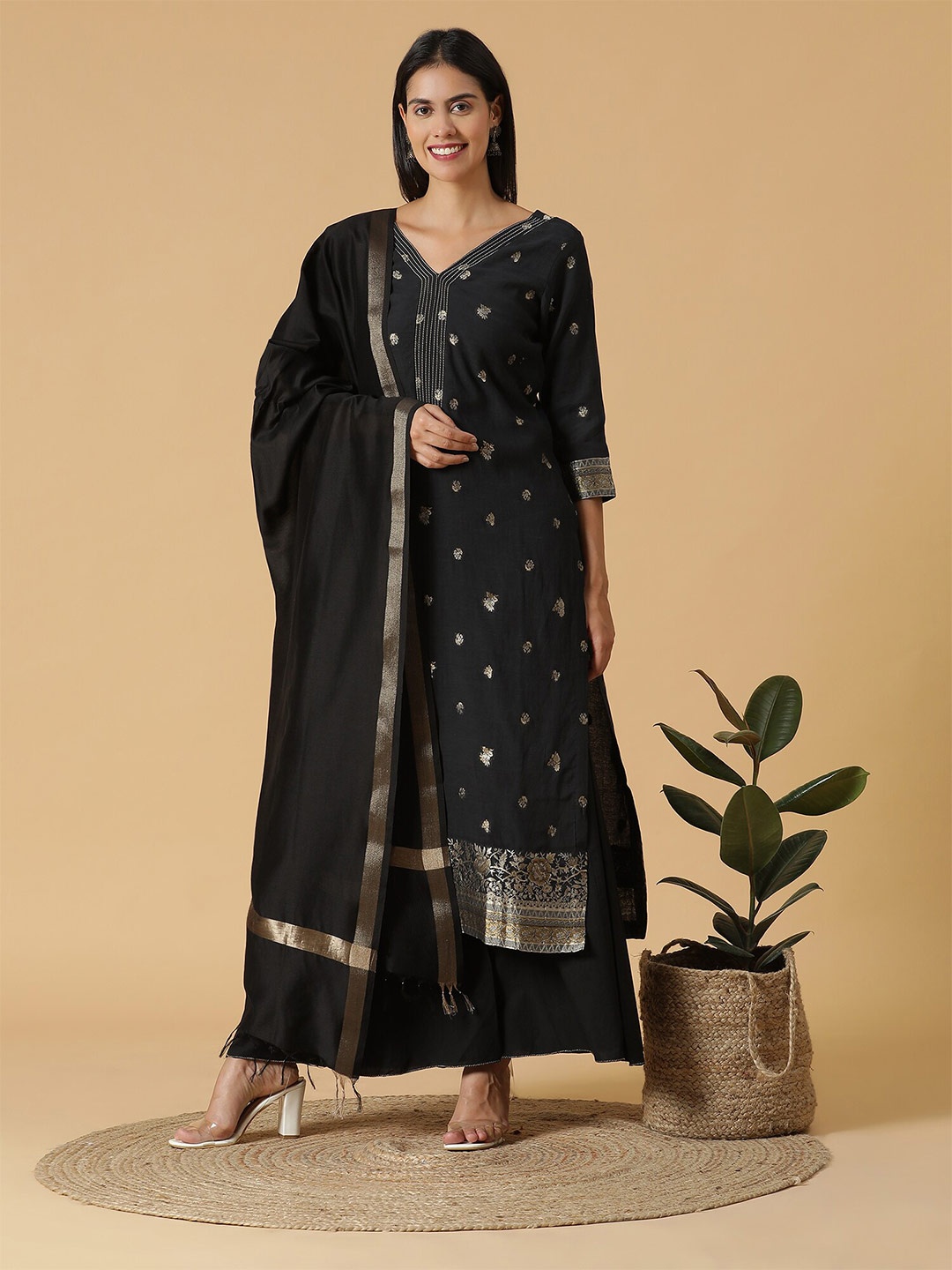 

SHINGORA Floral Woven Design Unstitched Dress Material, Black