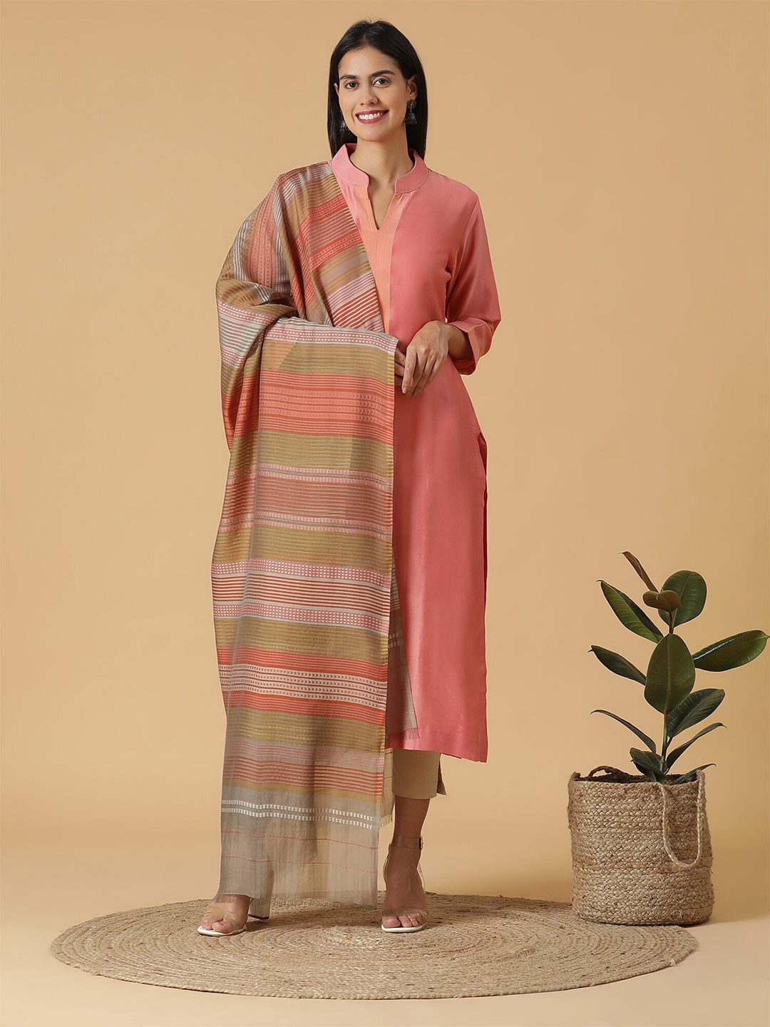 

SHINGORA Woven Design Unstitched Dress Material, Peach