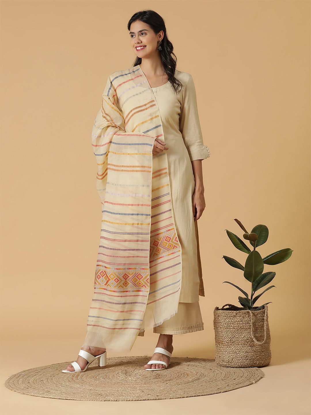 

SHINGORA Woven Design Unstitched Dress Material, Beige