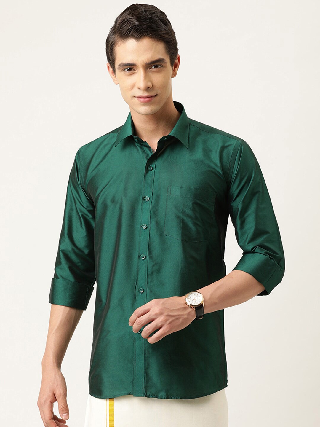 

THANGAMAGAN Standard Spread Collar Casual Shirt, Green