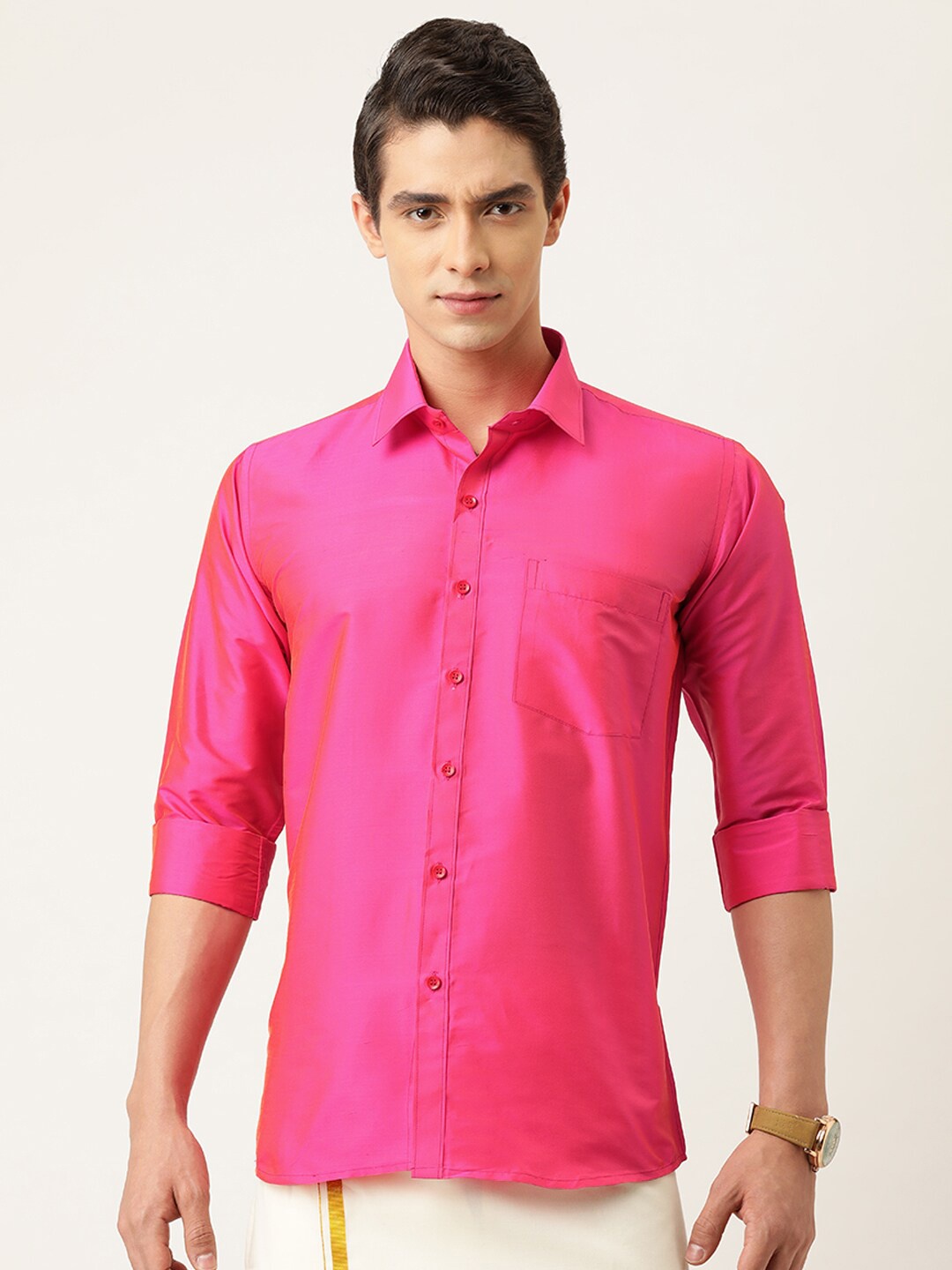 

THANGAMAGAN Spread Collar Ethnic Shirt, Pink