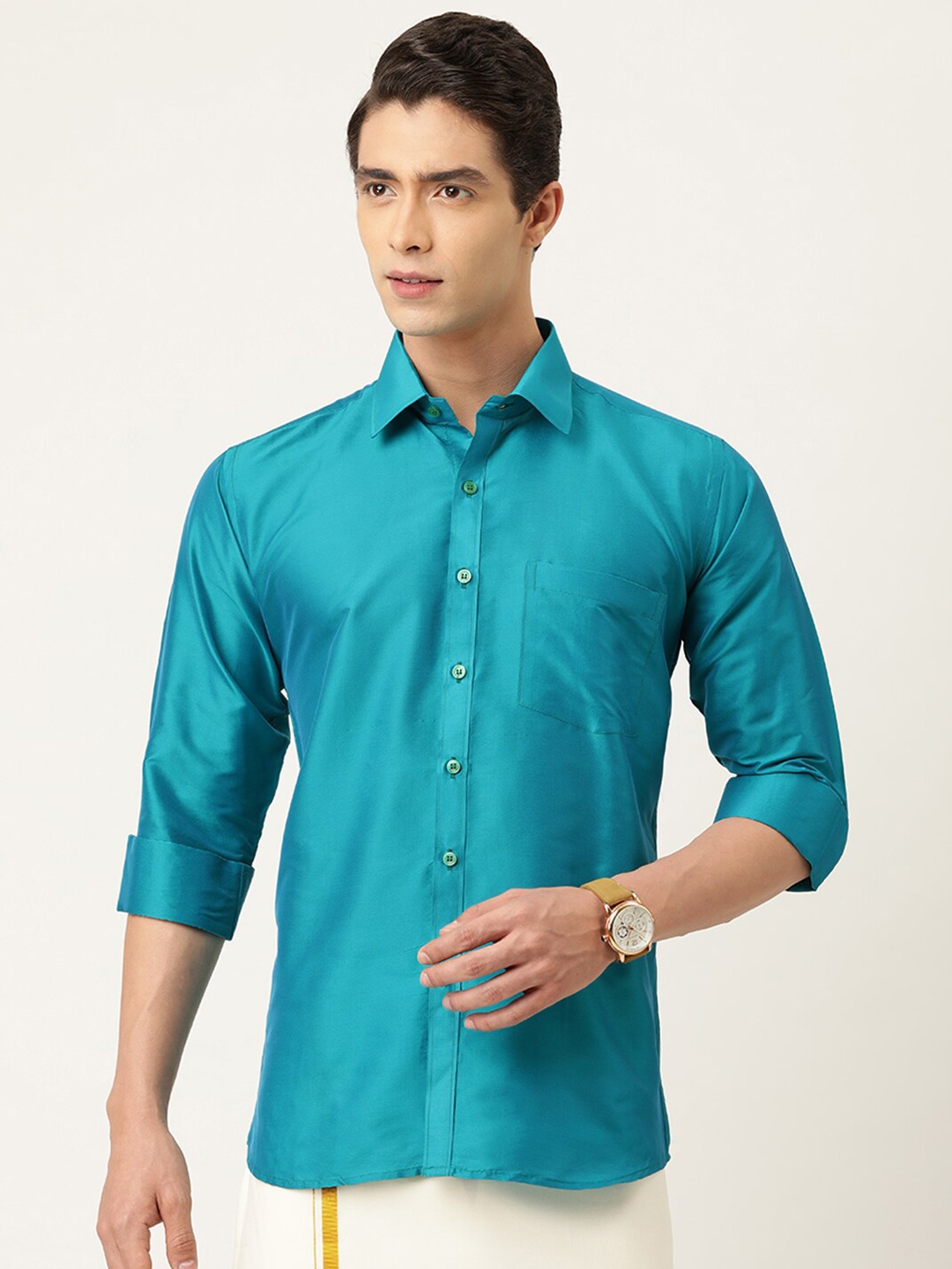 

THANGAMAGAN Standard Spread Collar Casual Shirt, Turquoise blue