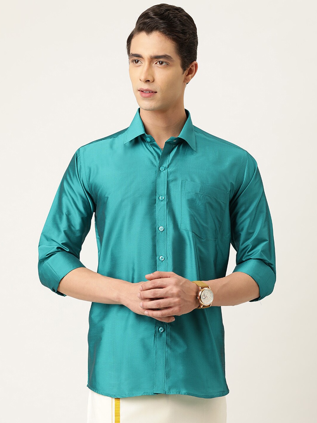 

THANGAMAGAN Spread Collar Casual Shirt, Sea green