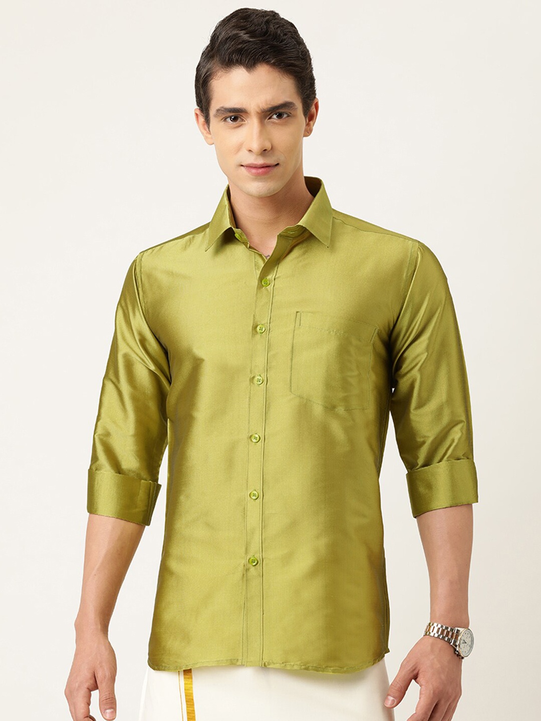 

THANGAMAGAN Spread Collar Ethnic Shirt, Green