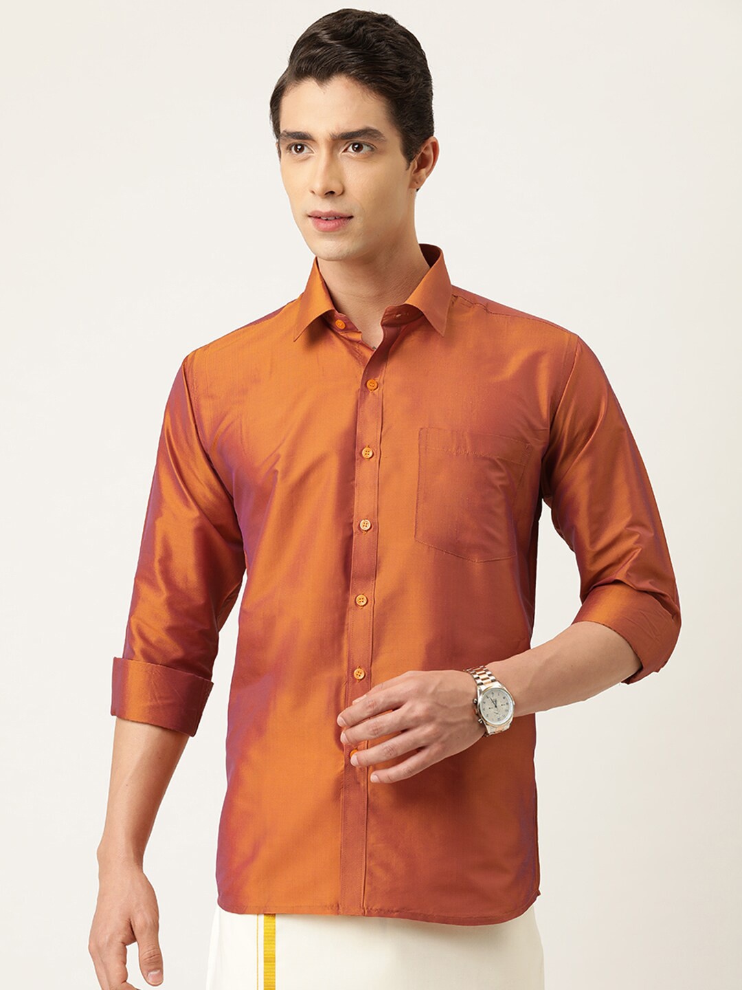 

THANGAMAGAN Standard Spread Collar Casual Shirt, Orange