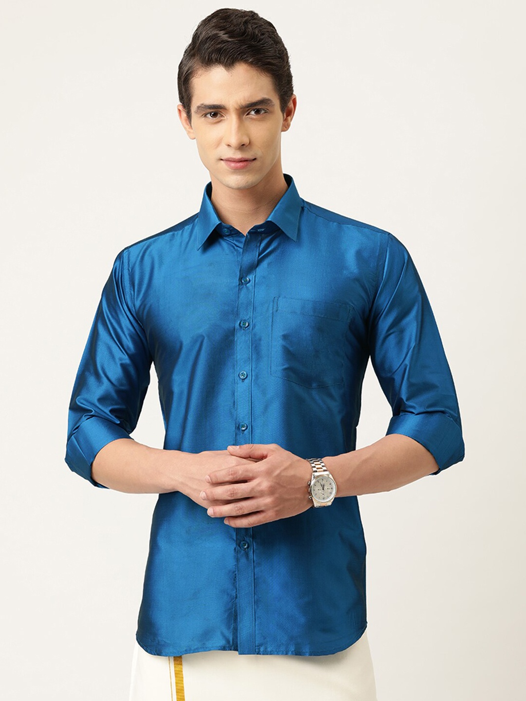 

THANGAMAGAN Men Standard Ethnic Shirt, Blue