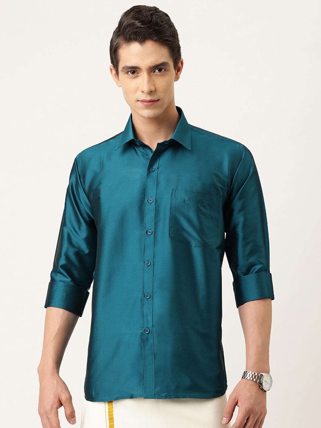 

THANGAMAGAN Standard Fit Spread Collar Art Silk Party Shirt, Teal