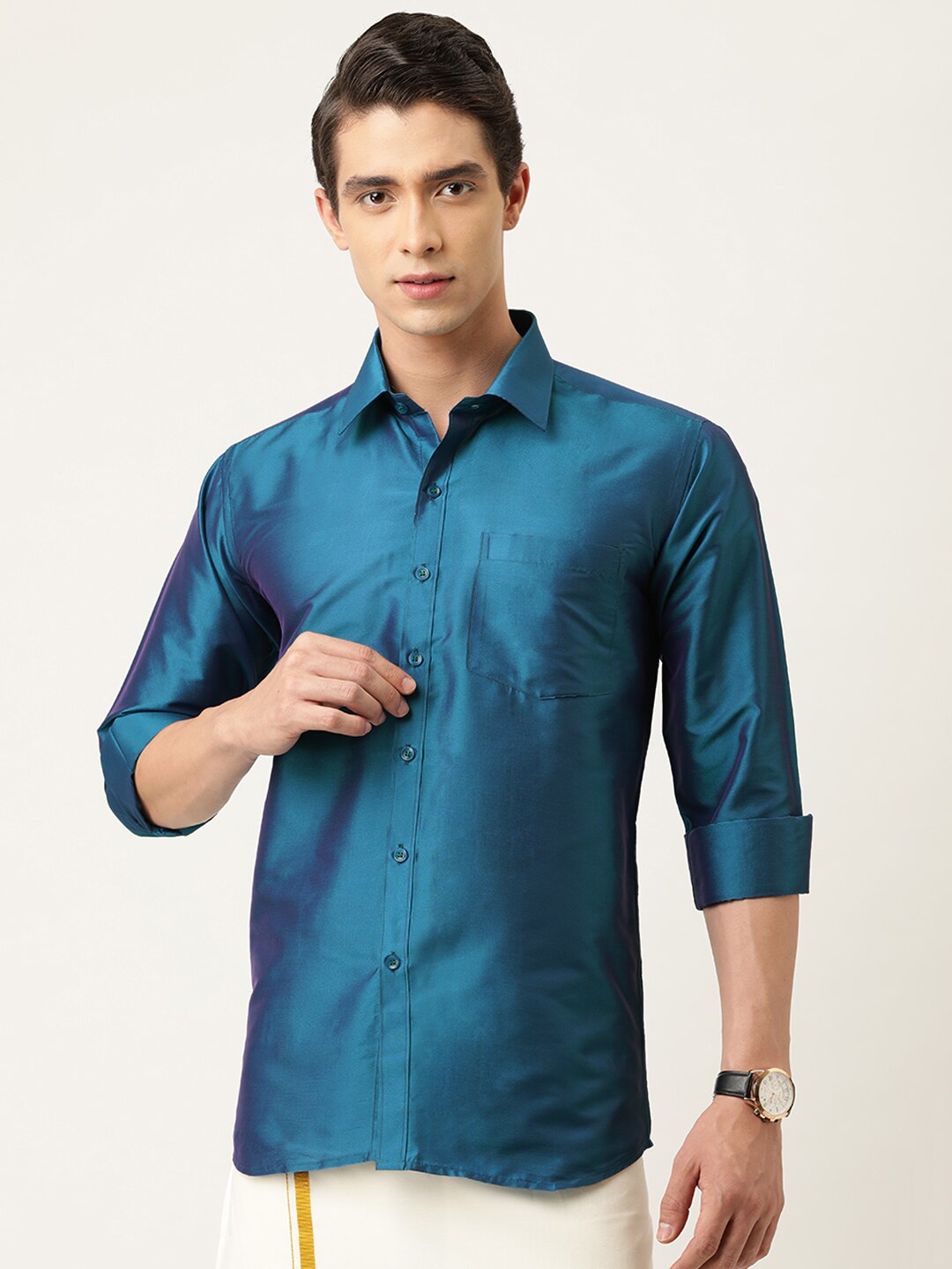 

THANGAMAGAN Standard Fit Spread Collar Art Silk Party Shirt, Blue