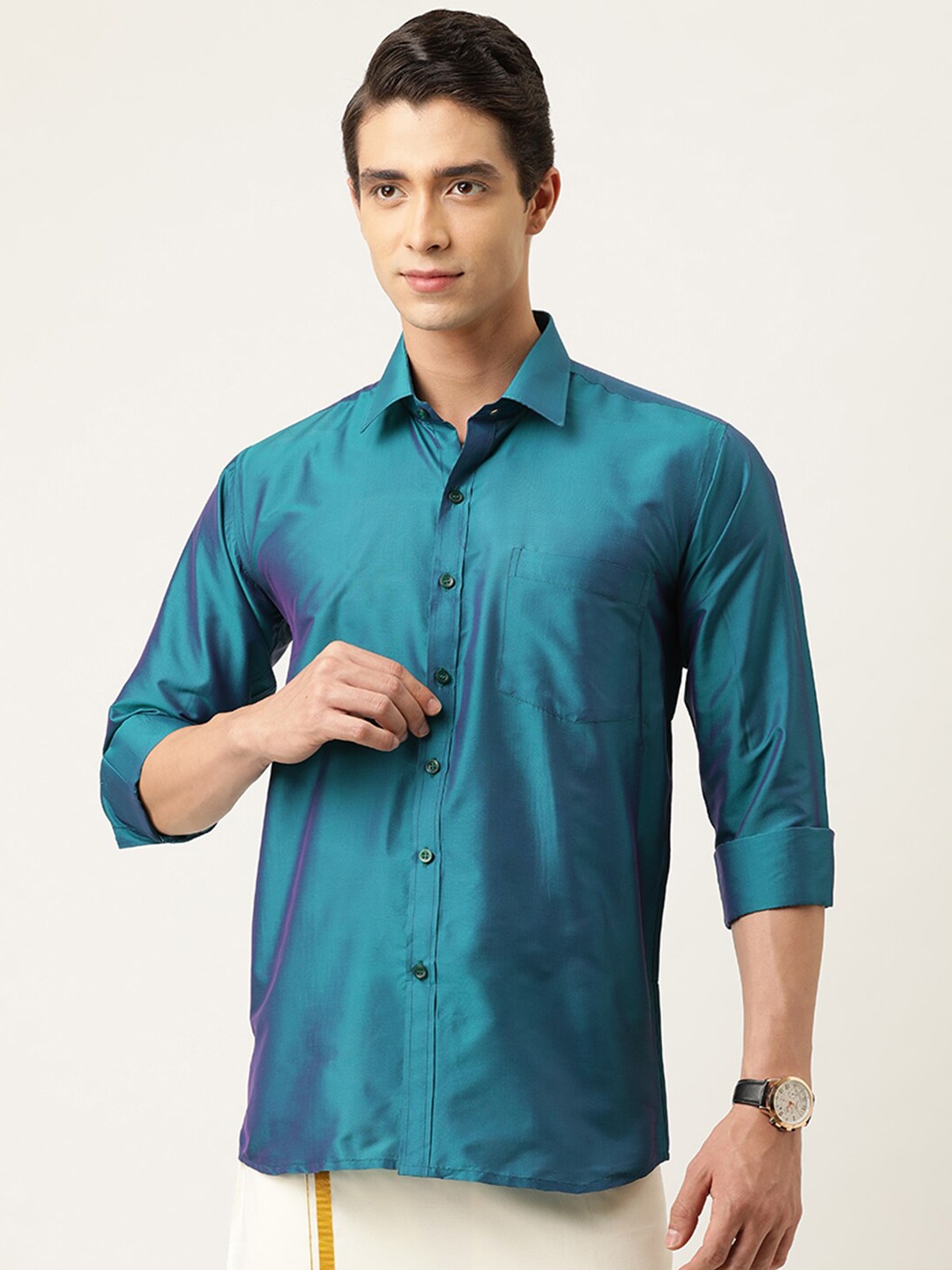 

THANGAMAGAN Standard Opaque Ethnic Shirt, Blue