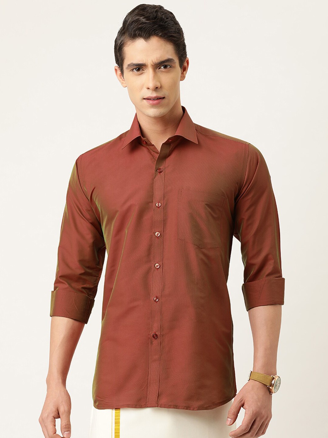 

THANGAMAGAN Standard Ethnic Shirt, Coral