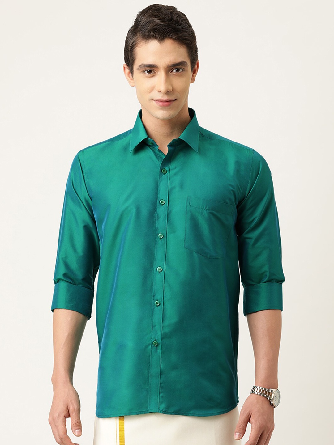 

THANGAMAGAN Men Standard Ethnic Shirt, Green