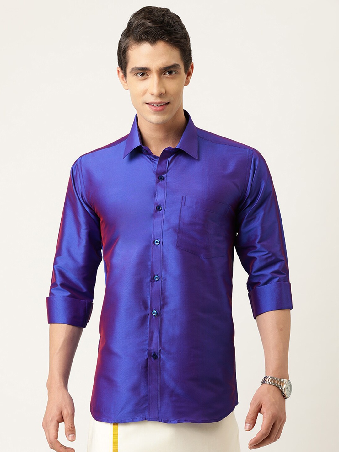 

THANGAMAGAN Spread Collar Ethnic Shirt, Blue