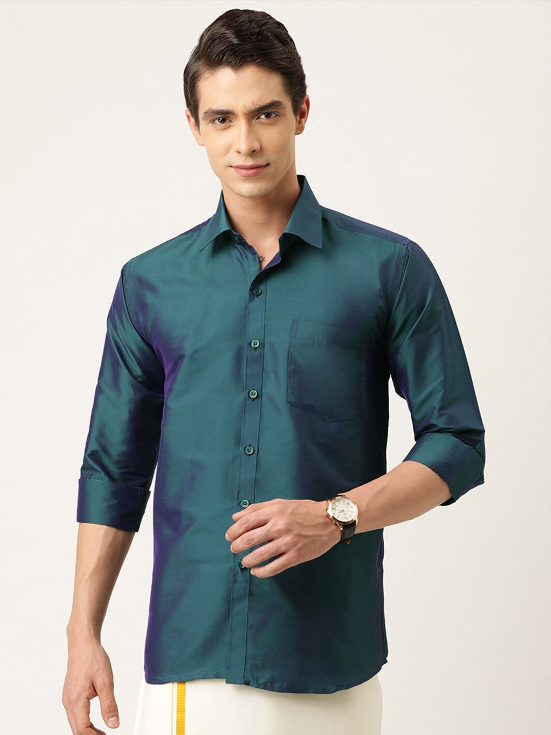 

THANGAMAGAN Standard Spread Collar Casual Shirt, Green