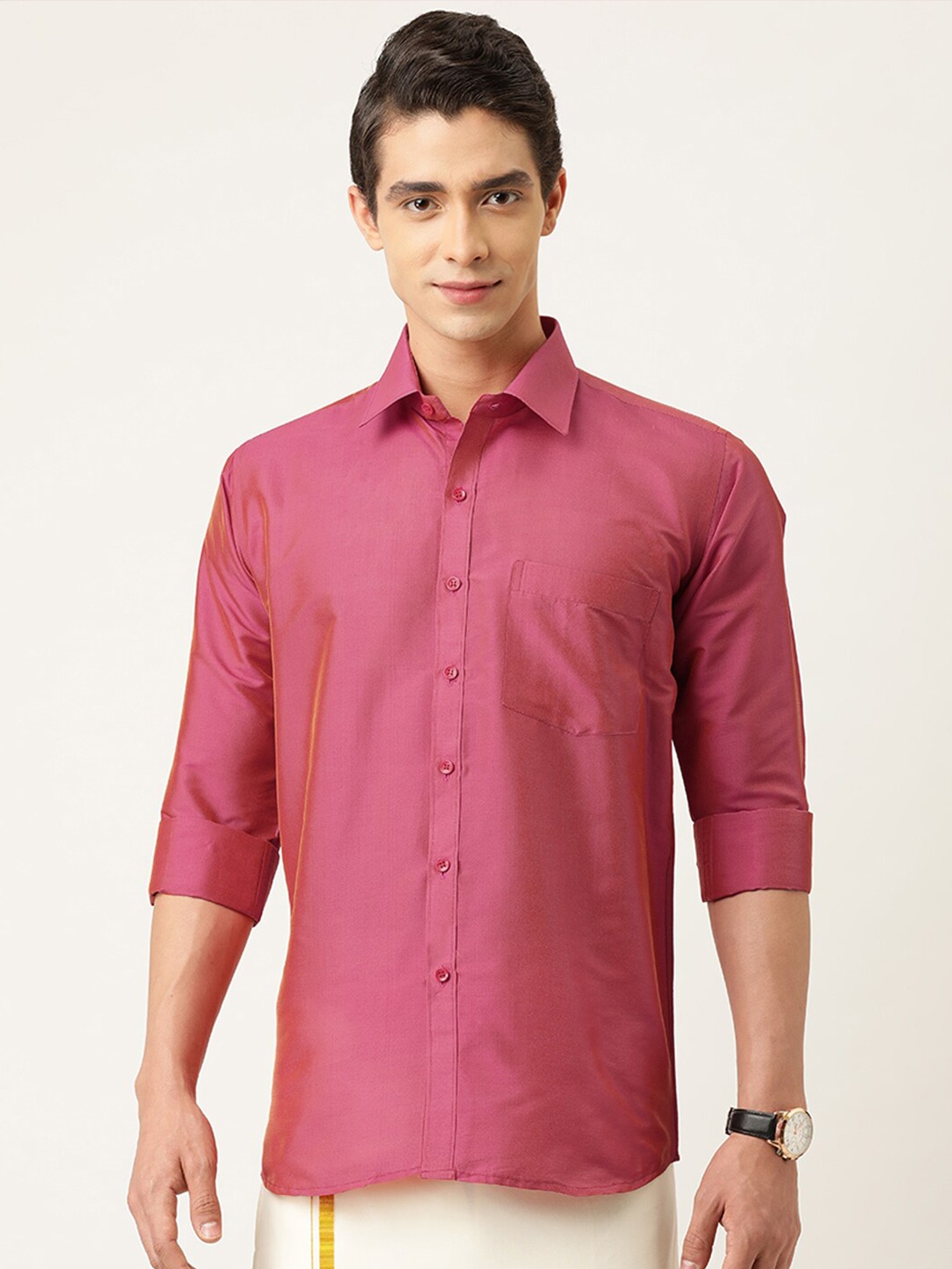 

THANGAMAGAN Spread Collar Ethnic Shirt, Pink