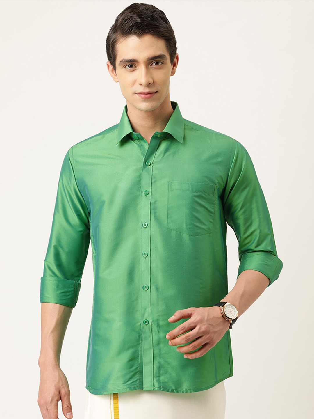 

THANGAMAGAN Spread Collar Casual Shirt, Green